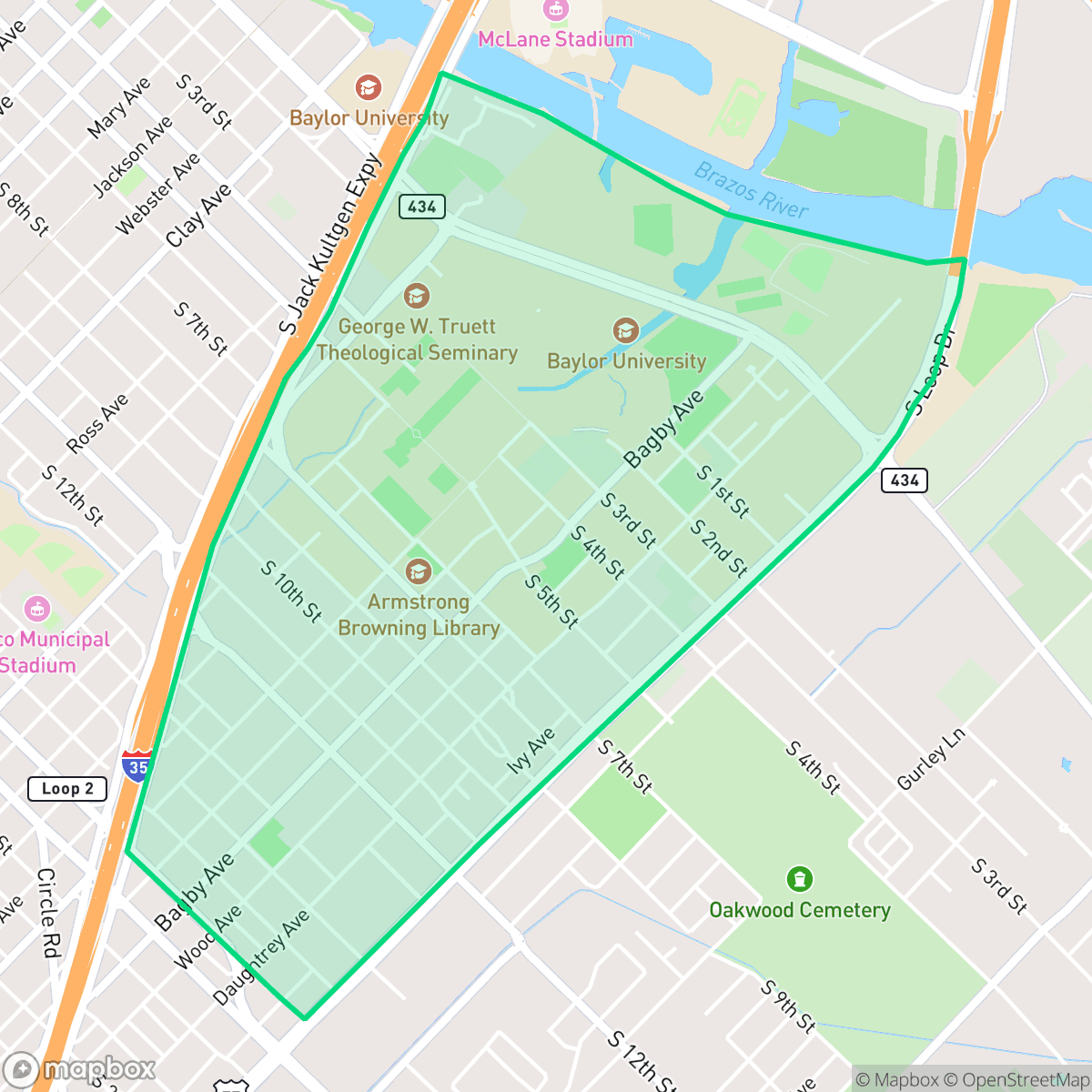 Map showing the location of Baylor, Waco, TX