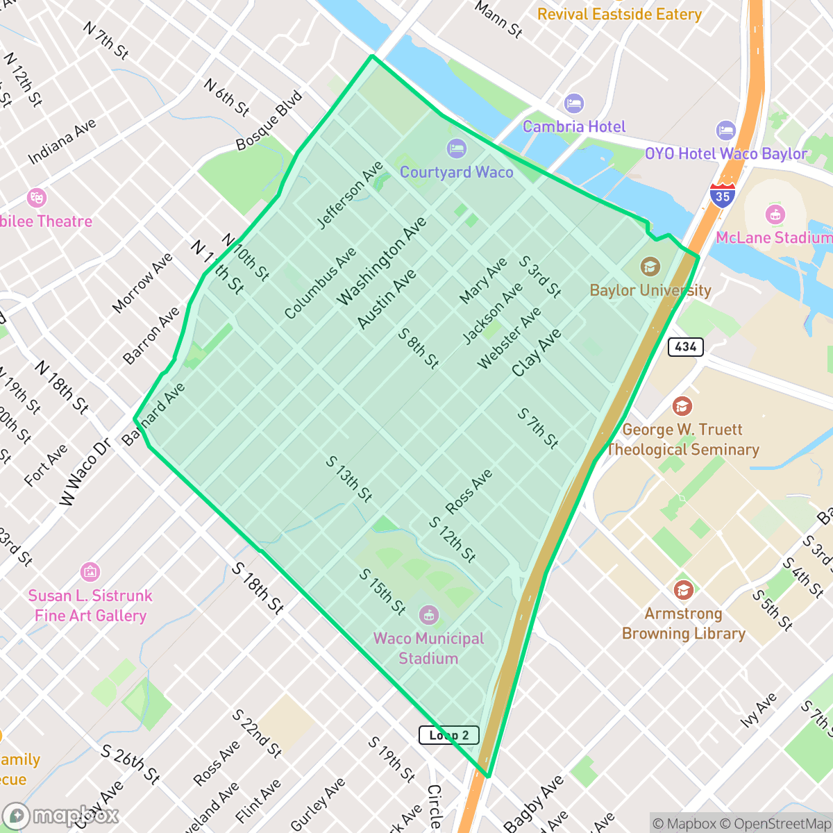 Map showing the location of Downtown, Waco, TX